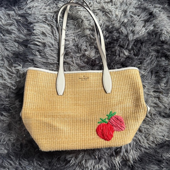 kate spade Handbags - kate spade Natural Straw Tote with Red Strawberry Embroidery